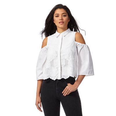 Red Herring White flower embroidered cold shoulder shirt